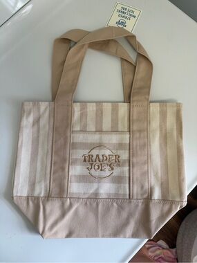 Beige Stripe Mini Canvas Tote Bag
